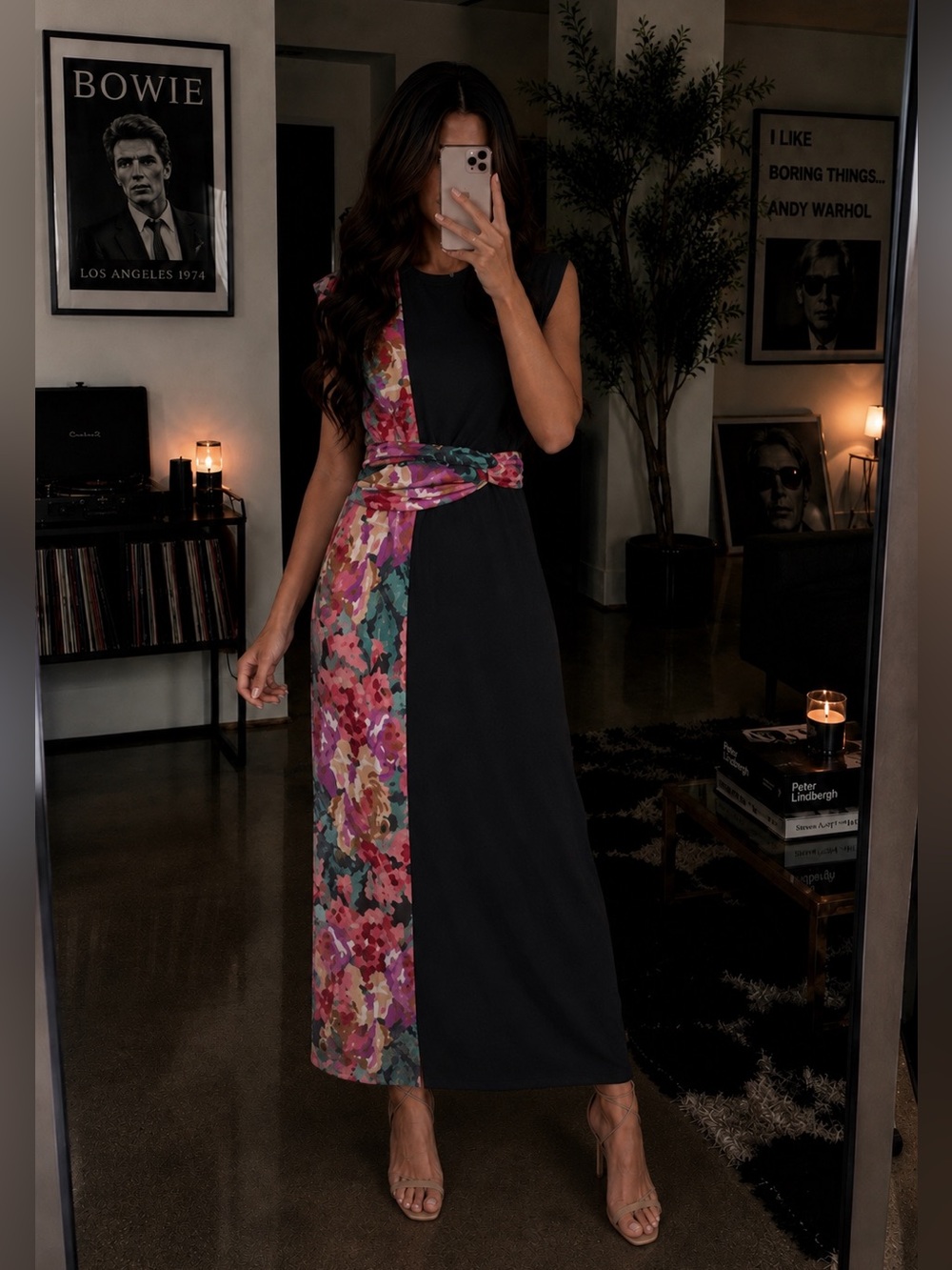 Tuckernuck Cleo Climbing Roses Black Floral Panel Jersey Midi Dress Large New